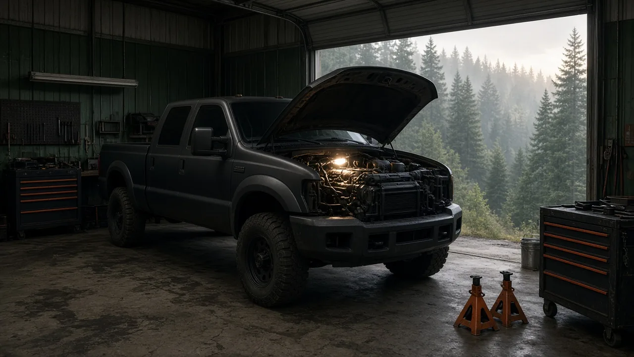 A heavy-duty pickup truck with its hood open inside a rugged garage, the bay door open to a misty pine forest